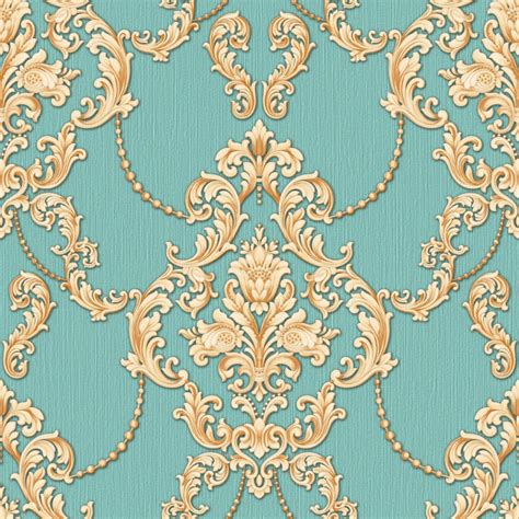 Gold And Light Turquoise Green Damask Wallpaper A2 141p30