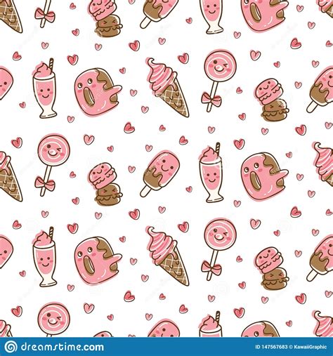 Dessert Food And Drink Seamless Pattern In Kawaii Doodle Style Vector