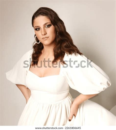 Woman White Dressbrunette Fashion Model Nude Stock Photo