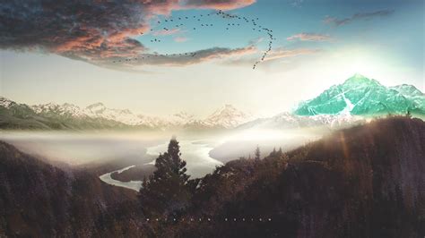 Photo Manipulation Mountains Clouds River Snow Sunset Concept Digital