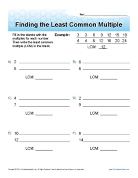 Least common denominator … the l east c ommon m ultiple of the denominators … introductory video. Find the Least Common Multiple | Printable 6th Grade Math ...