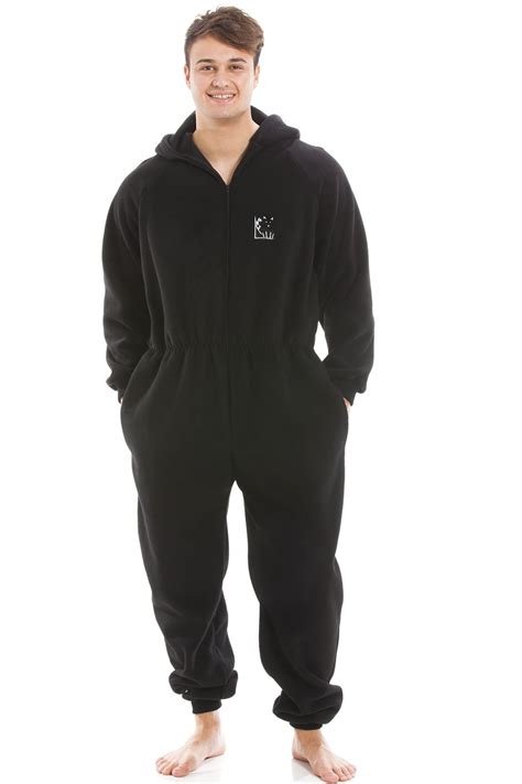 Mens Black Supersoft Fleece Zip Front Hooded Onesie