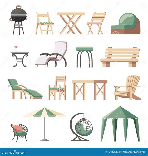 Collection Of Outdoor Furniture Flat Vector Illustration Stock Vector