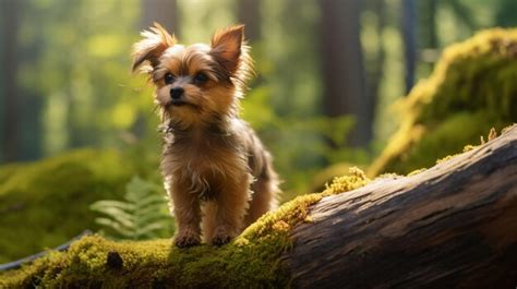 Premium Ai Image A Small Dog Standing On A Moss Covered Log