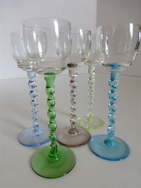 Vintage Cordial Liqueur Glasses W Colored Twisted Stems ~ Set Of 5 From Historique On Ruby Lane