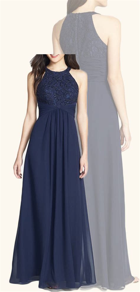 Macloth Halter Lace Chiffon Long Bridesmaid Dress Dark Navy Prom Forma