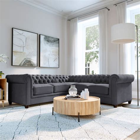 Hampton Chesterfield Corner Sofa Slate Grey Classic Plush Fabric Only