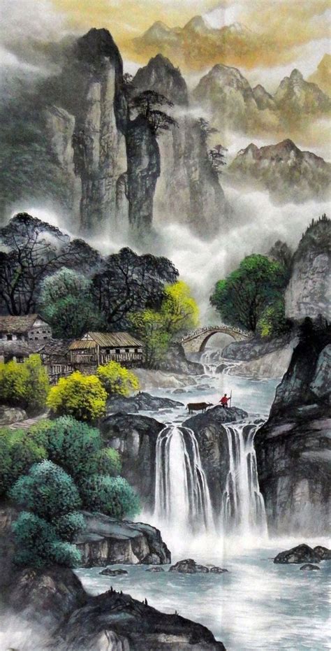 Waterfalls Mountain Village Chinese Art Painting Chinese Landscape