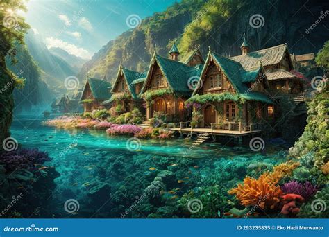 Mystical Seabed Haven: Unveiling the Underwater Village Stock Image