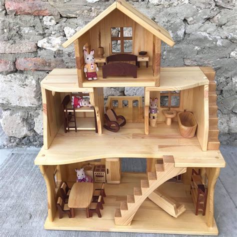 Wooden Dollhouse Stackable Large Dollhouse With Furniture Etsy