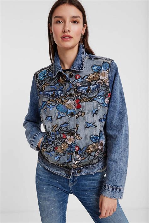 Giacche Desigual Donna | Giacca di jeans stampa floreale Blu ⋆ Balance ...