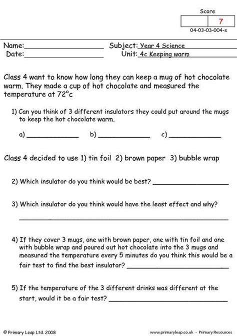Science worksheets listed by specific topic area. The City School: Grade 4 Science Reinforcement Worksheet