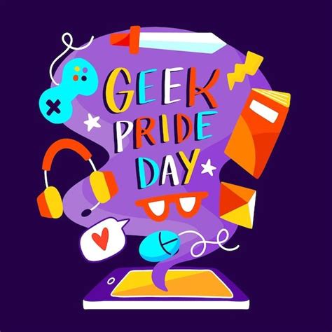 The Words Geek Pride Day Are Surrounded By Headphones Books And Other