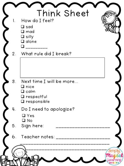 Free Printable Think Sheet For Behavior Issues In Primary Behavior