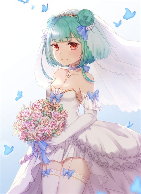 Safebooru 1girl Aesice Bangs Blush Bridal Veil Bride Double Bun Dress Flower Garter Belt