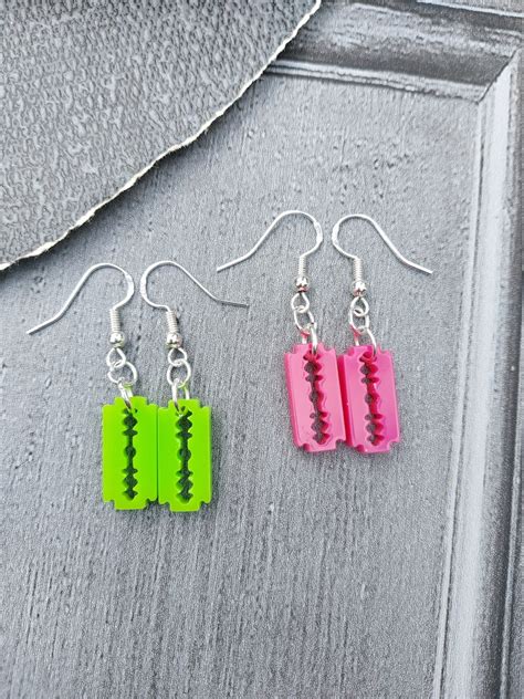 Bright Pink Or Neon Green Razorblade Earrings With Silver Etsy