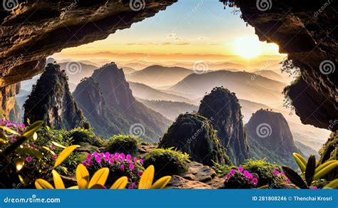 A Gorgeous View Of Cliff Cave Waterfall Amidst Mountain Sunshine Stock