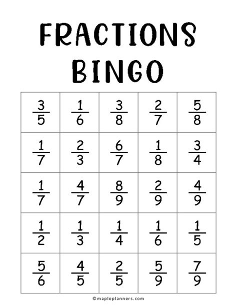 Fractions Bingo For Kids