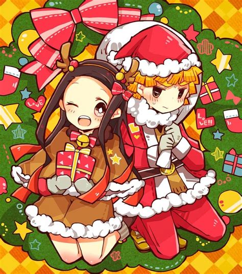 Two Anime Characters Dressed Up As Santa And Mrs Claus One Holding A
