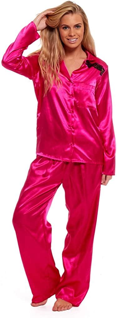 ladies hot pink satin pyjamas plain pajamas silk feel black lace trim uk clothing