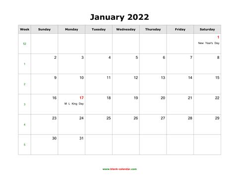Blank Calendar January 2022 Printable