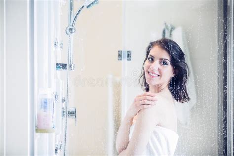 Beautiful Brunette Woman Taking Shower After Long Stressful Daywoman Showering And Enjoying
