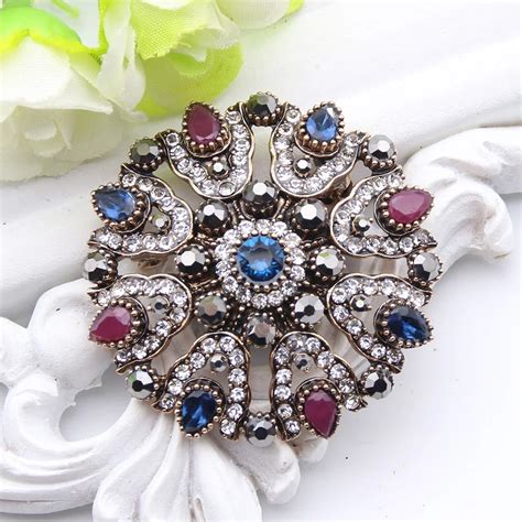 Vintage Turkish Rhinestone Flower Brooch For Women Antique Gold Color Multicolor Resin Round