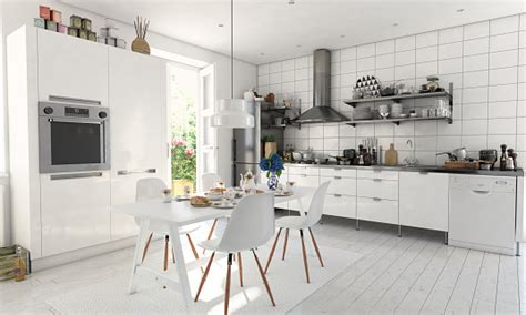 Scandinavian kitchen holds the same principle like scandinavian living room—or any other room with this style. Typical Scandinavian Kitchen Interior Stock Photo ...