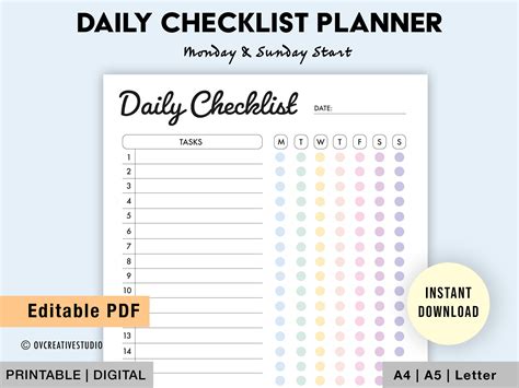 Editable Daily Checklist Printable Weekly To Do List Etsy