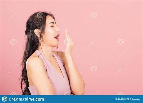 Woman Emotions Tired And Sleepy Her Yawning Covering Mouth Open Stock