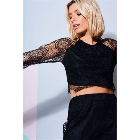 Lms Black Lace Skirt With Long Sleeve Crop Top Co Ord Set