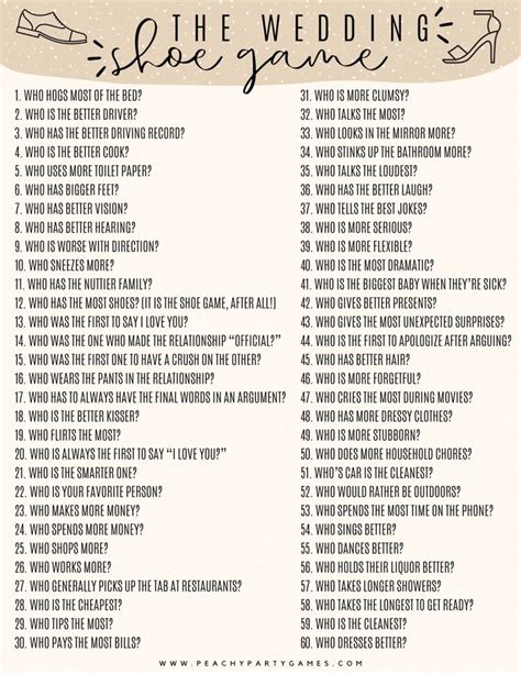 60 Wedding Shoe Game Questions Free Printable Fun Party Pop Wedding Party Games Fun