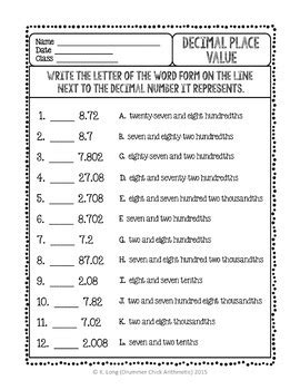 In 0.5276, which digit is in the tenths place? Decimal Place Value Worksheets by Drummer Chick Arithmetic ...