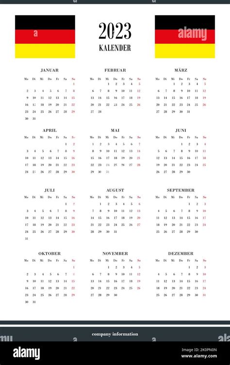 German Calendar For 2023 12 Months On One Page Weekend Start From