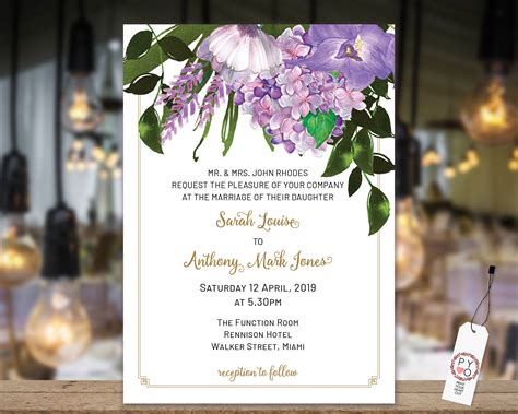 Lavender Floral Wedding Invitation Purple Invitation Reception