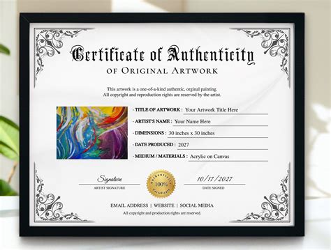 Certificate Of Authenticity For Artwork Editable Certificate Of