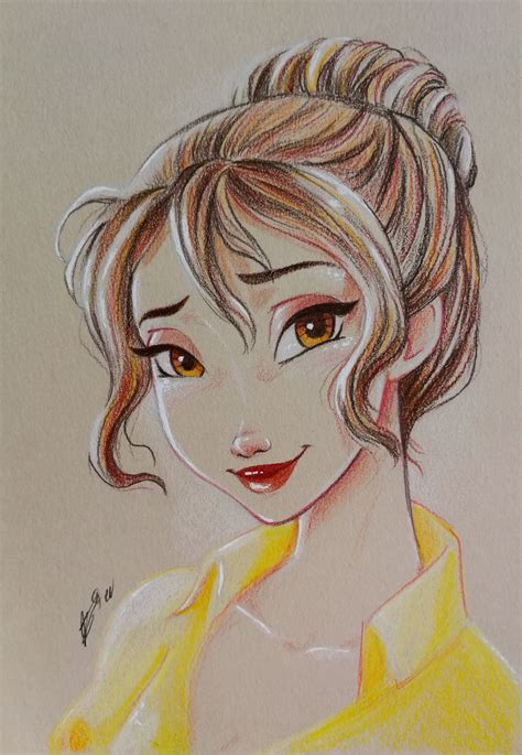 A Drawing Of A Woman With Brown Eyes And Blonde Hair Wearing A Yellow Shirt