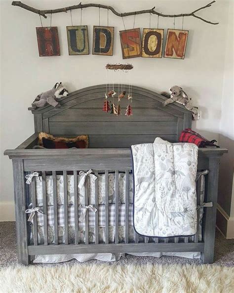 Grey Crib In Woodland Nursery Nursery Baby Room Grey Nursery Boy