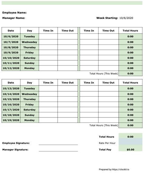 Clockit 2 Weeks Bi Weekly Timesheet Template Clockit