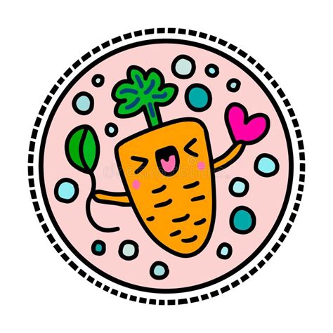 Happy Carrot Hand Drawn Vector Logotype Sticker In Cartoon Comic Style