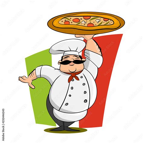 Funny Italian Chef With Pizza Cartoon Vector Illustration Stock