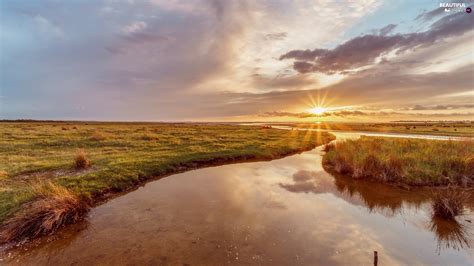 Great Sunsets Meadow River Rays Beautiful Views Wallpapers 1920x1080