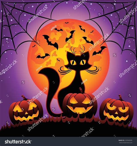 Cat Halloween Pumpkins Against Full Moon Stock Vector Royalty Free 220568395 Shutterstock