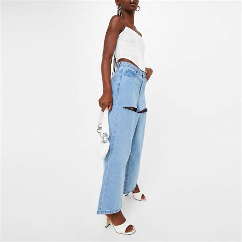 Missguided Petite Wide Leg Ripped Jeans Blue