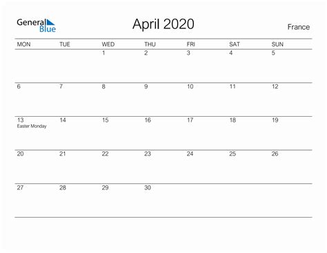 Printable April 2020 Monthly Calendar With Holidays For France