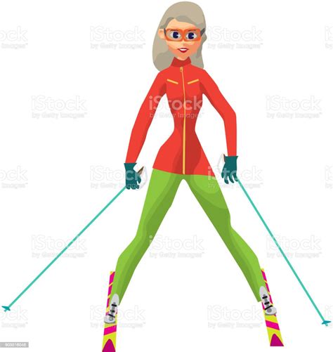 Pretty Young Woman On Mountain Skiing Stock Illustration Download