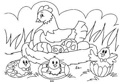 Vecteur plat dessiné à la main poulet poule de couleur brune, coq assis dans le nid de foin, poussins jaunes autour du jeu d'icônes. Coloriages Paques - Page 7