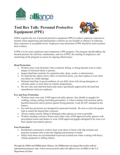 Tool Box Talk Personal Protective Equipment Ppe
