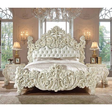 Luxury Glossy White Cal King Bedroom Set 6pcs Carved Wood Homey Design
