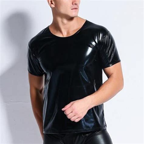 Xxl 섹시한 남성 특허 가죽 블랙 티셔츠 타이트 티셔츠 탑스 티셔츠 남성 젖은 모양 페티쉬 라텍스 Ds 나이트 클럽 Catsuit 이국적인 티셔츠티셔츠